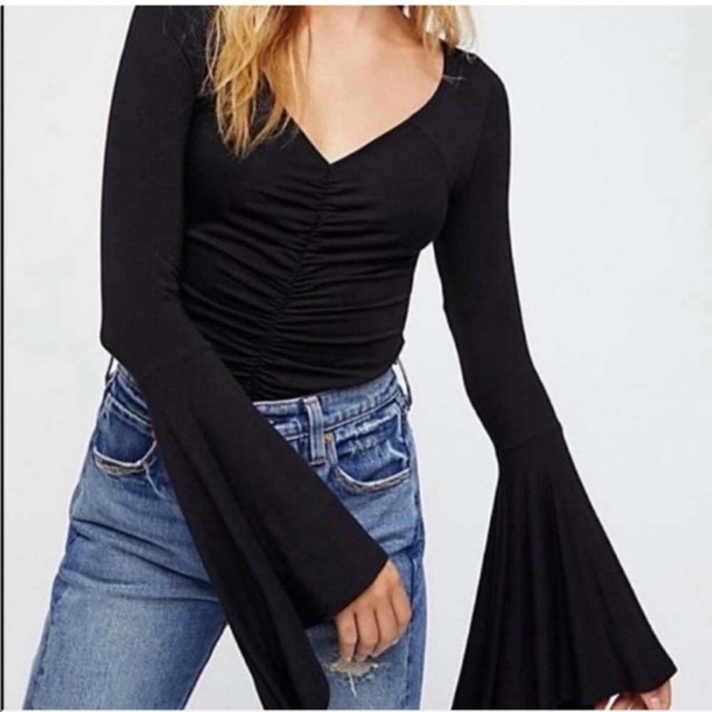 NWT Free People Black Bell Sleeve Boho Soft Longsleeve Blouse Top Size Small
